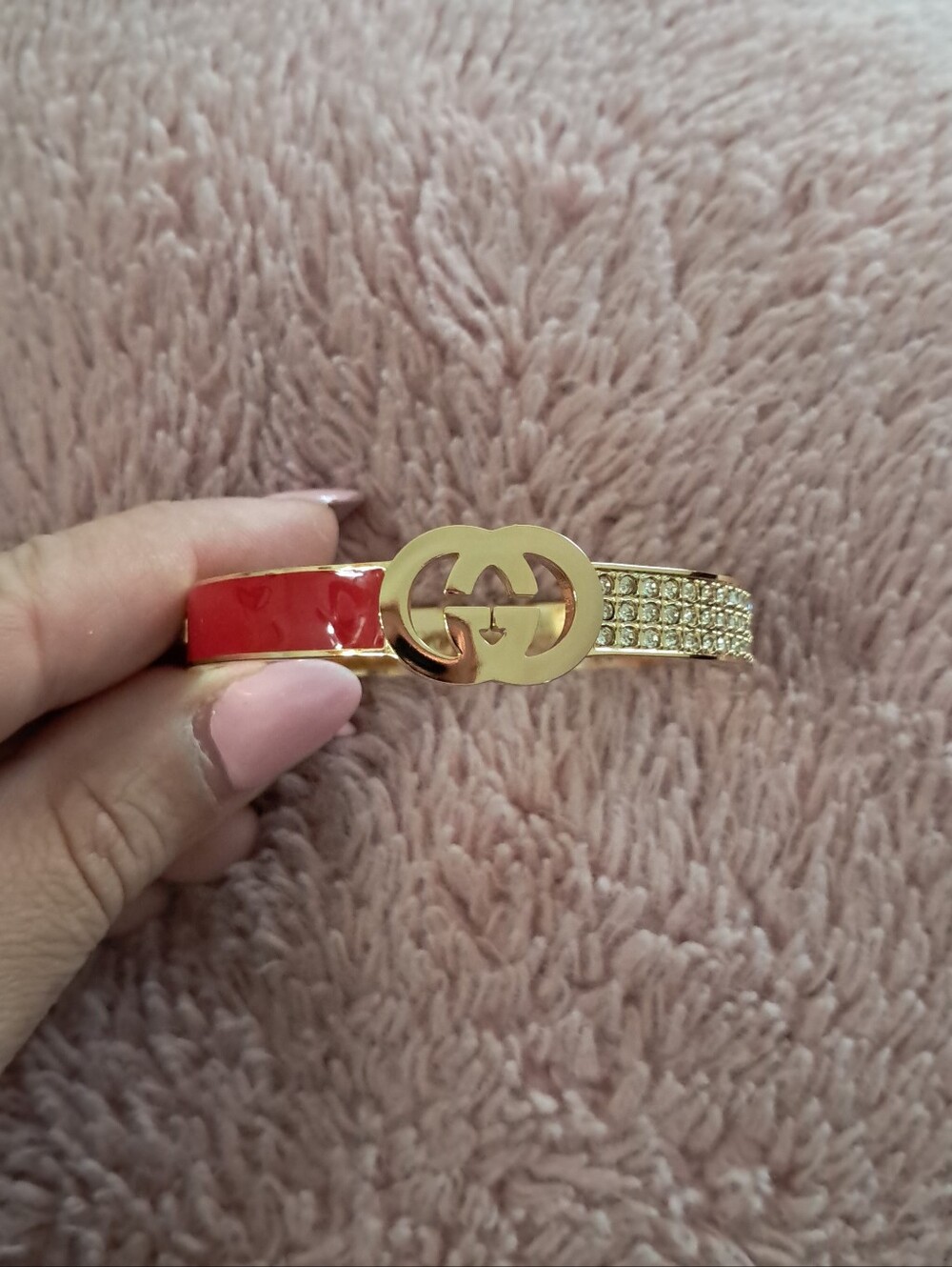 Fashion Jewelry Gold-Tone Bracelet with Red Enamel and Crystal Rows